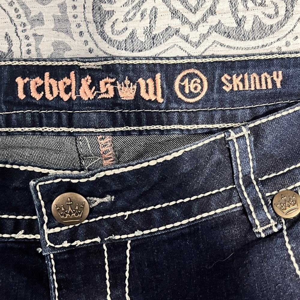 Rebel & Soul Y2K Dark Indigo Skinny Rhinestone Jeans sz 16 - Picture 4 of 11